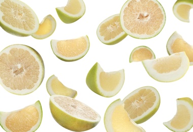 Image of Fresh ripe sweetie fruits falling on white background