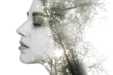 Image of Double exposure of beautiful woman and trees on white background, color toned