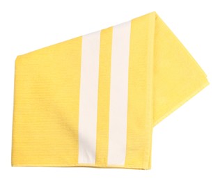Photo of Folded yellow beach towel on white background, top view