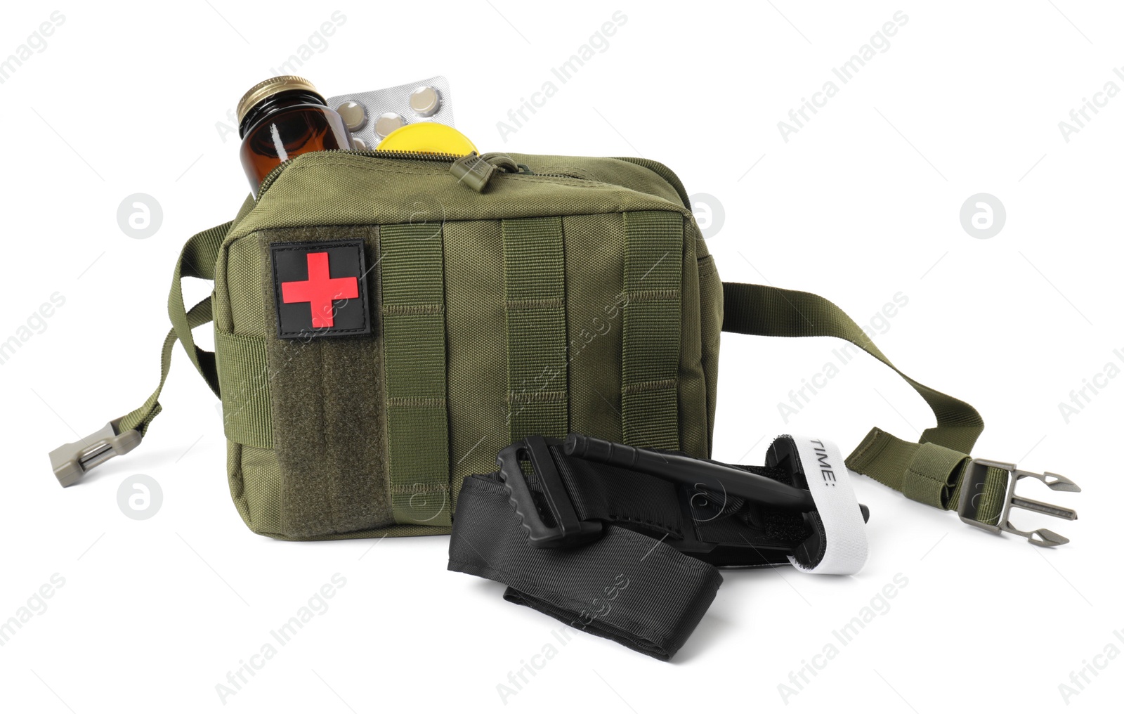 Photo of Military first aid kit and tourniquet on white background