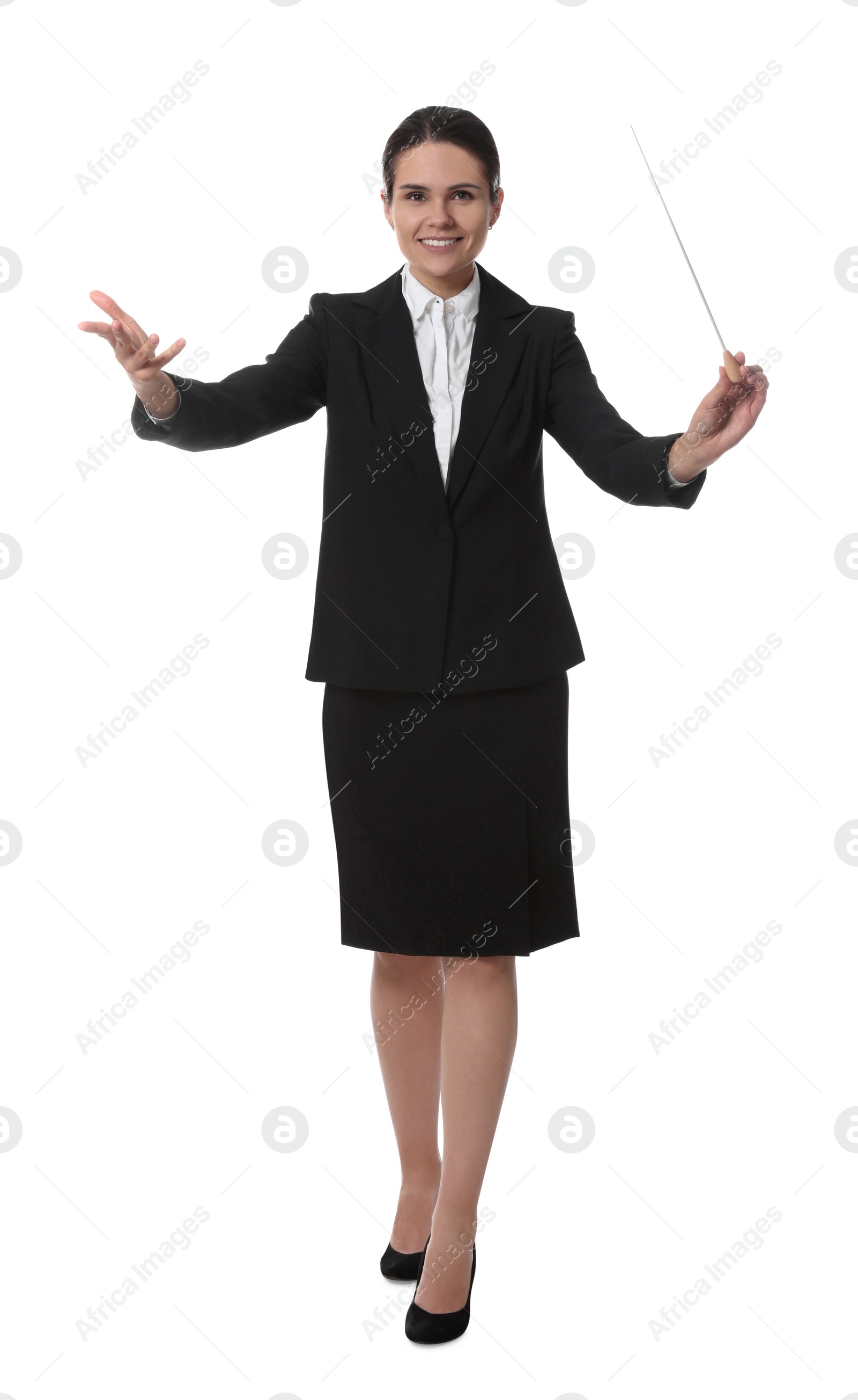 Photo of Happy young conductor with baton on white background