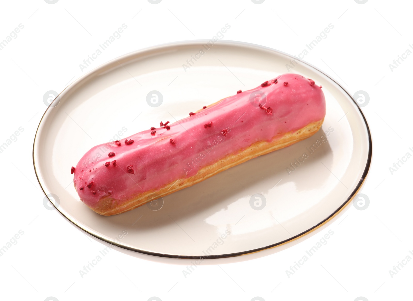 Photo of Delicious eclair covered with pink glaze isolated on white