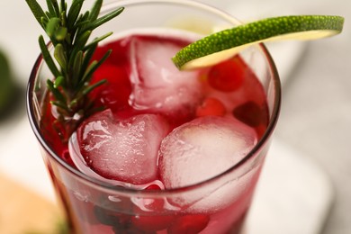 Photo of Tasty cranberry cocktail with rosemary and lime in glass on table, closeup