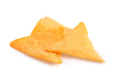 Tasty tortilla chips (nachos) on white background