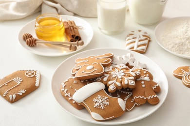 Delicious homemade Christmas cookies on white table