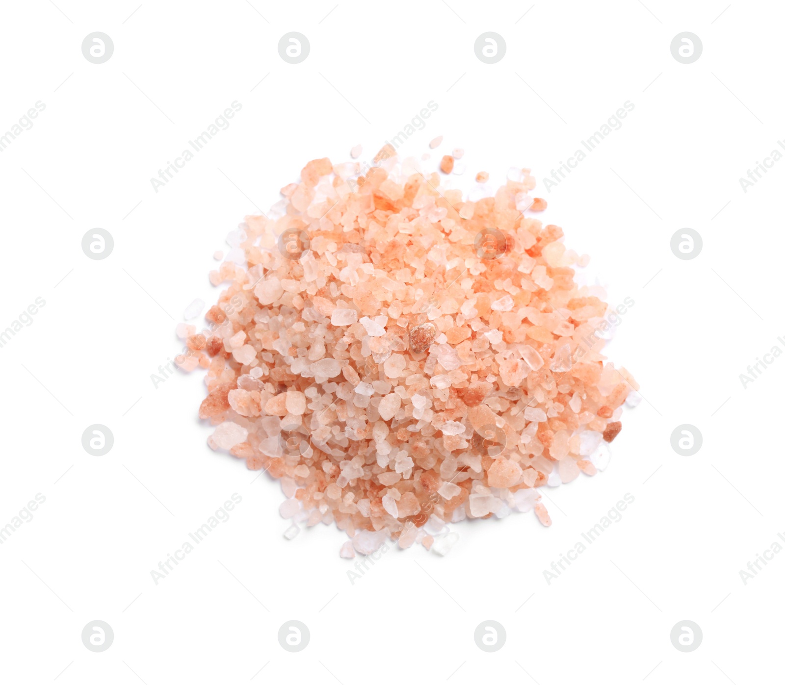 Photo of Heap of pink Himalayan salt on white background, top view