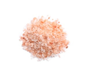 Heap of pink Himalayan salt on white background, top view