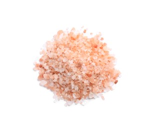 Photo of Heap of pink Himalayan salt on white background, top view