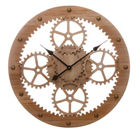 Photo of Stylish wall clock with wooden gears isolated on white