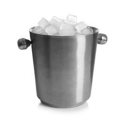 Photo of Metal bucket with ice cubes on white background