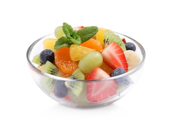 Delicious fresh fruit salad in glass bowl on white background