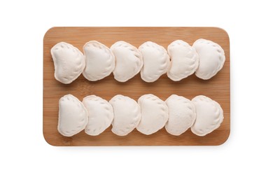 Photo of Raw dumplings (varenyky) on white background, top view