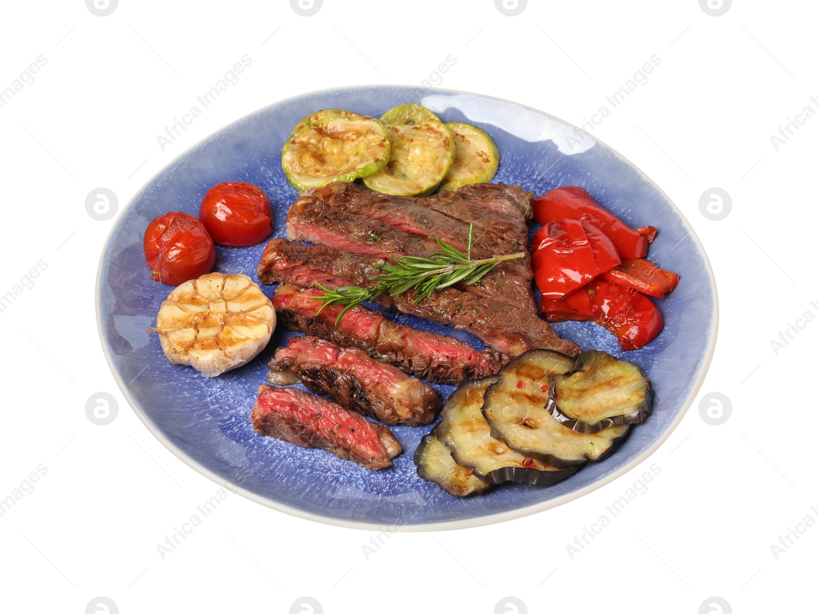 Photo of Delicious grilled beef steak with vegetables and spices isolated on white