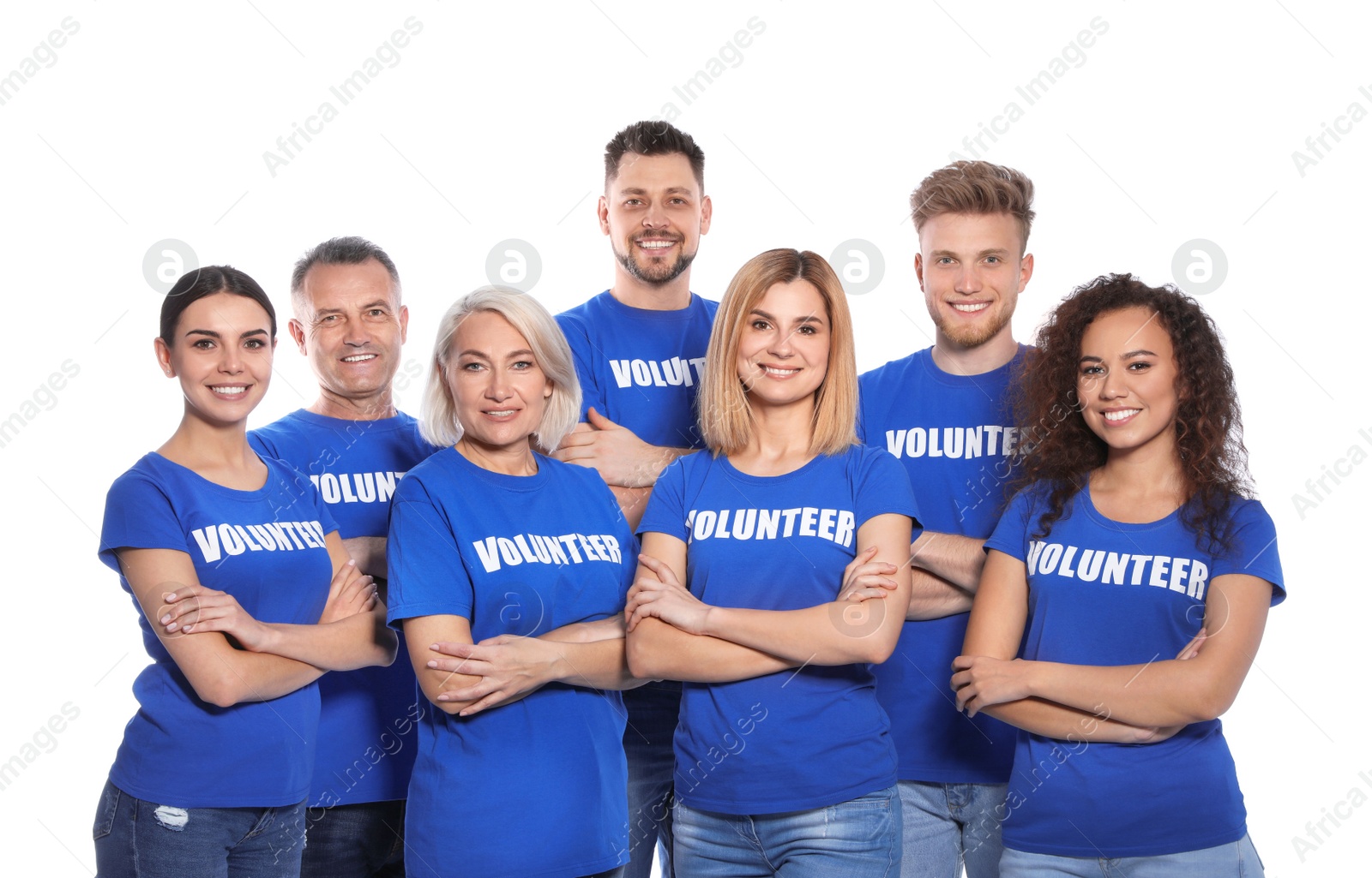 Photo of Team of volunteers in uniform on white background