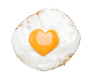 Image of Tasty fried egg with yolk in shape of heart on white background, top view