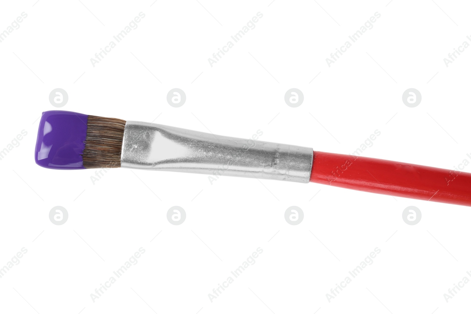 Photo of Brush with color paint on white background, top view