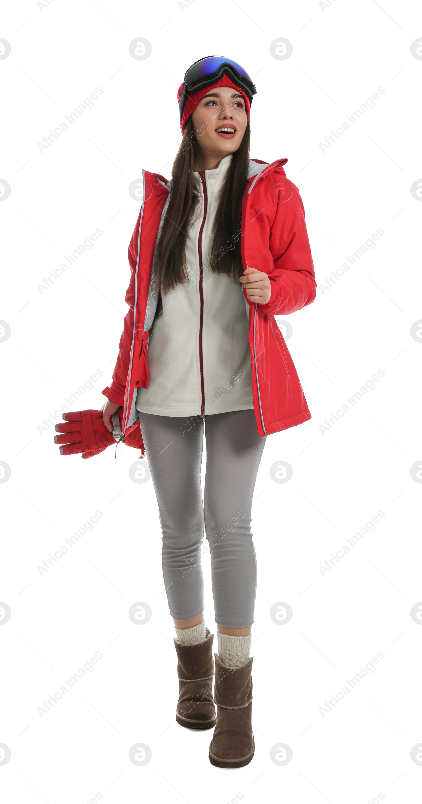 Photo of Woman wearing stylish winter sport clothes on white background