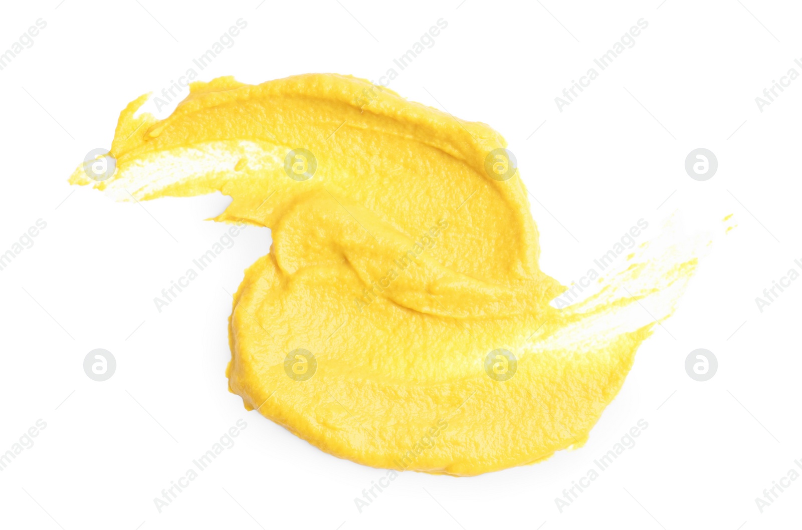 Photo of Tasty mustard isolated on white, top view. Spicy sauce