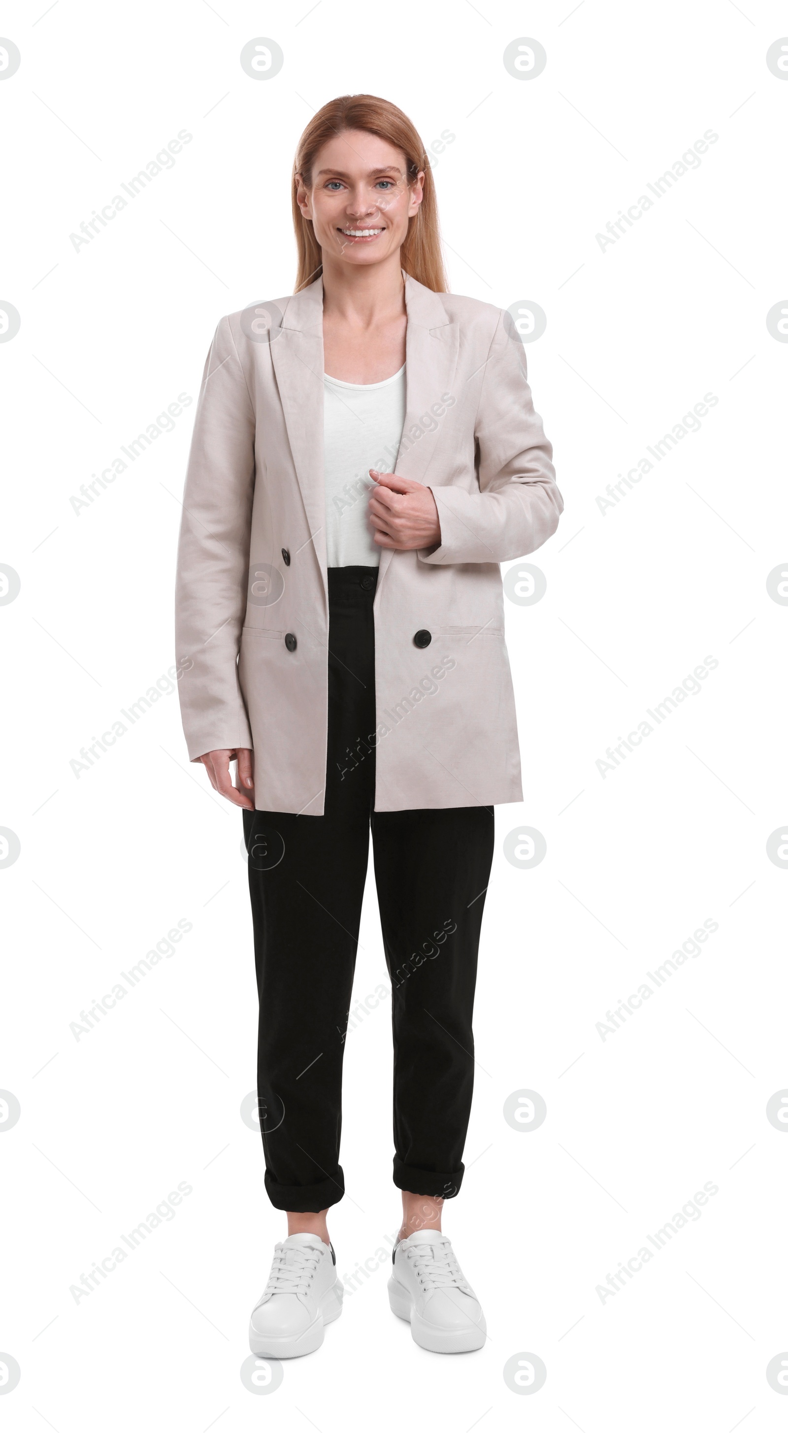 Photo of Beautiful happy businesswoman posing on white background