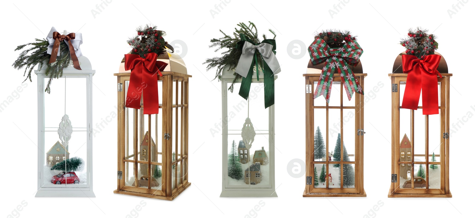 Image of Set with beautiful decorative Christmas lanterns on white background, banner design