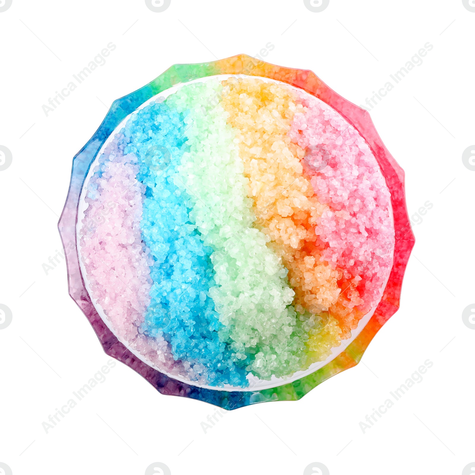 Photo of Rainbow shaving ice in glass dessert bowl isolated on white, top view