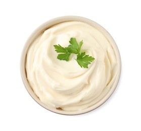 Photo of Bowl with delicious mayonnaise and parsley isolated on white, top view