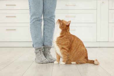 Woman with cute cat at home, closeup