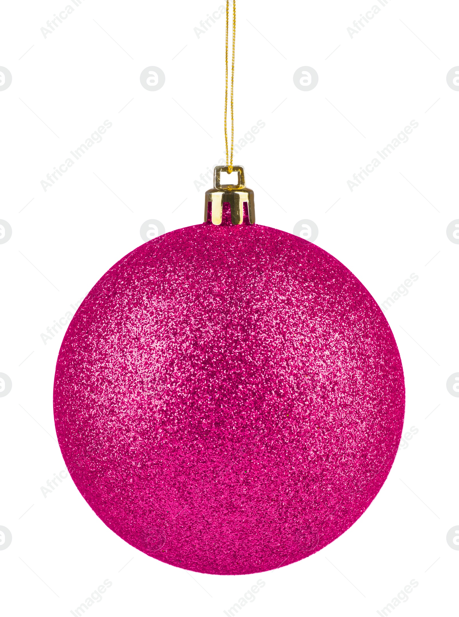 Image of Bright pink Christmas ball hanging on white background