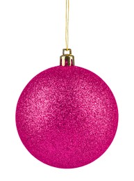 Image of Bright pink Christmas ball hanging on white background