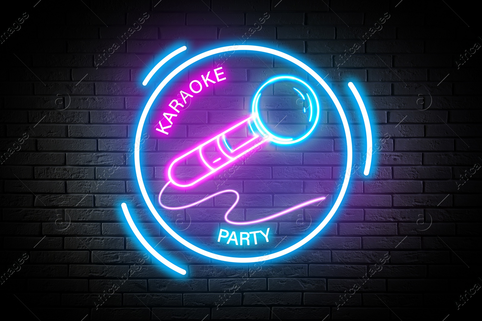 Illustration of Glowing neon sign with microphone and words Karaoke Party on brick wall