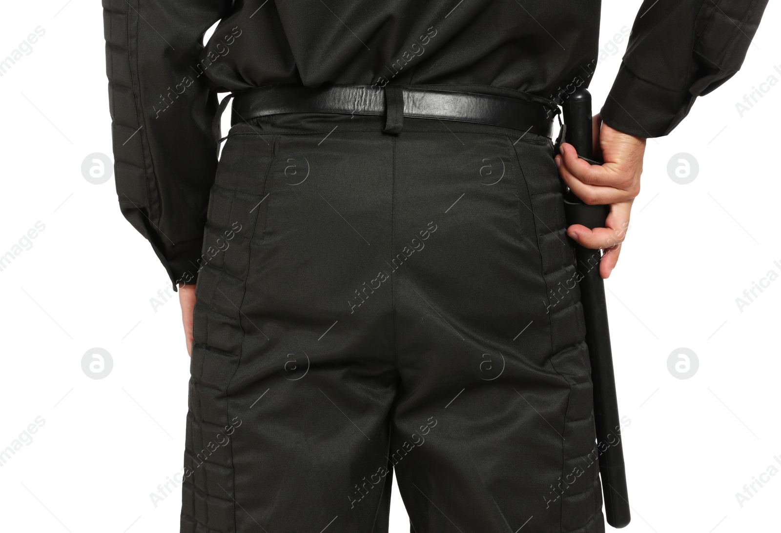 Photo of Male security guard in uniform with police baton on white background, closeup