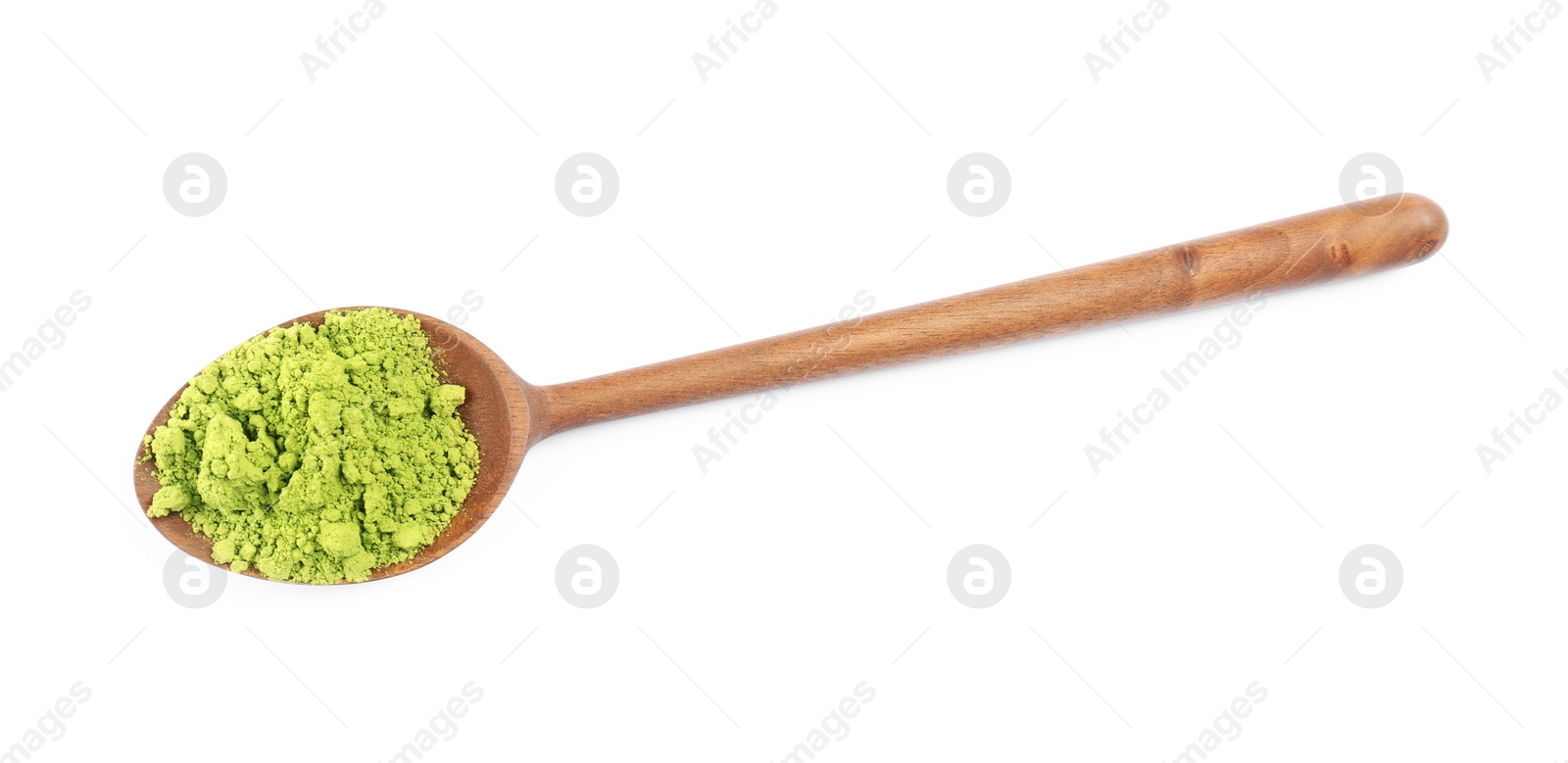 Photo of Spoon with powdered matcha tea on white background