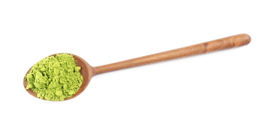 Photo of Spoon with powdered matcha tea on white background