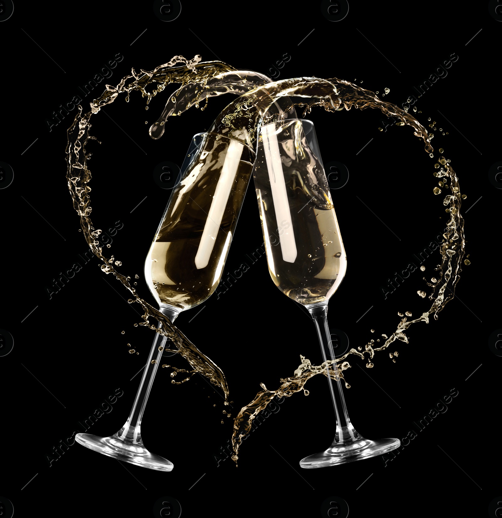 Image of Glasses with sparkling wine and splashes on black background