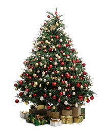 Photo of Beautifully decorated Christmas tree and gift boxes on white background