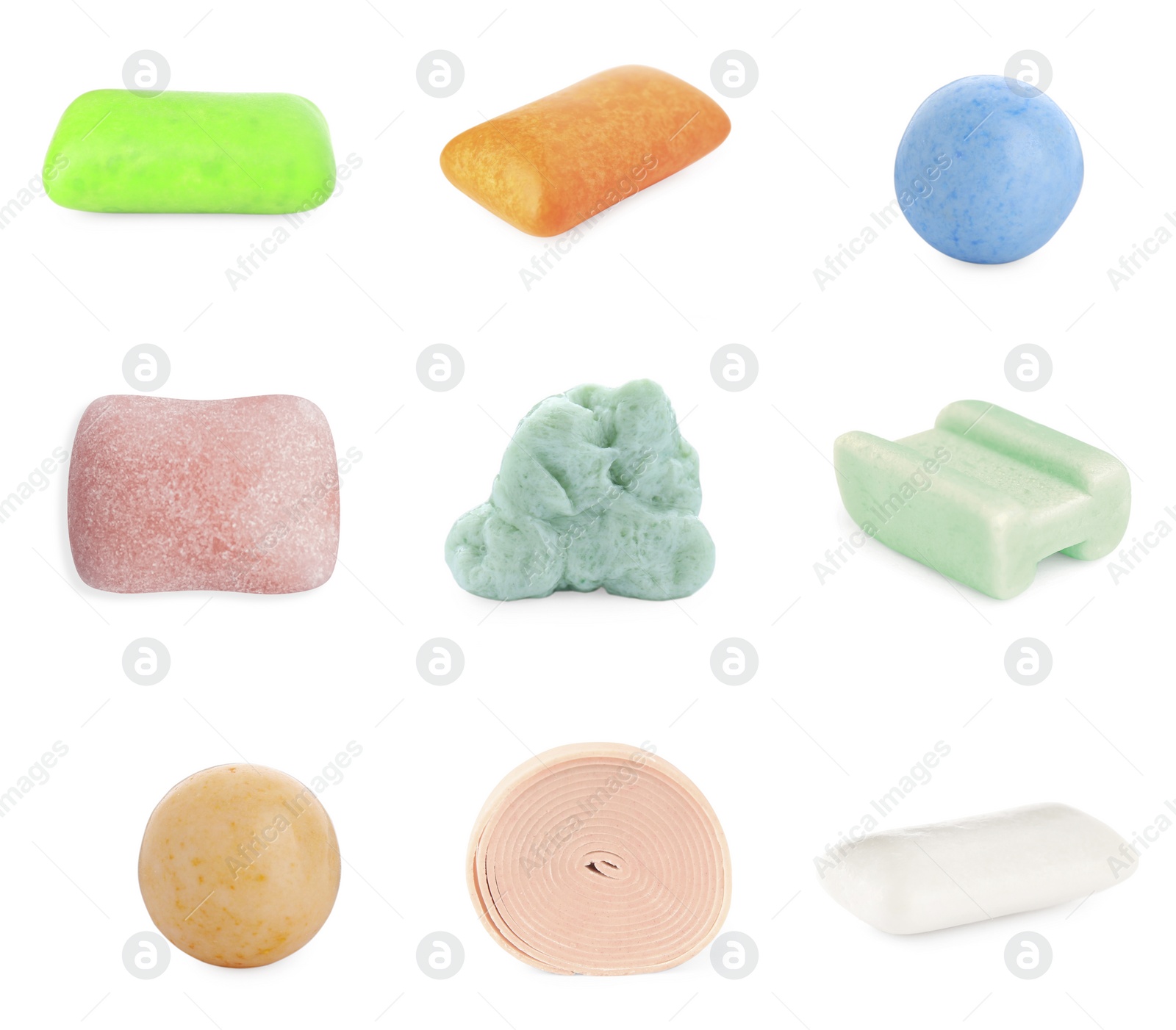 Image of Set of different chewing gums on white background