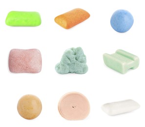 Set of different chewing gums on white background