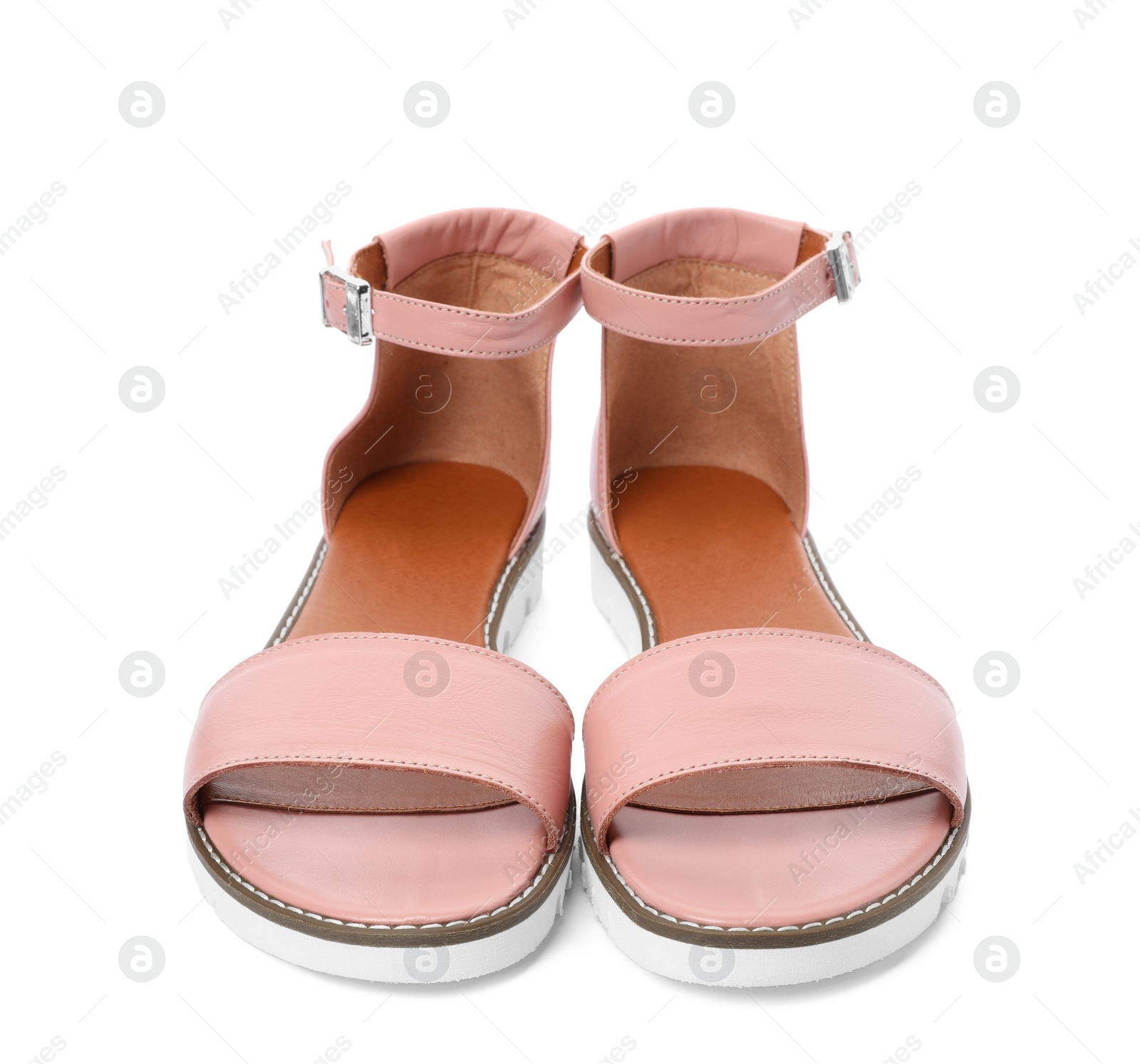 Photo of Pair of trendy women's shoes on white background