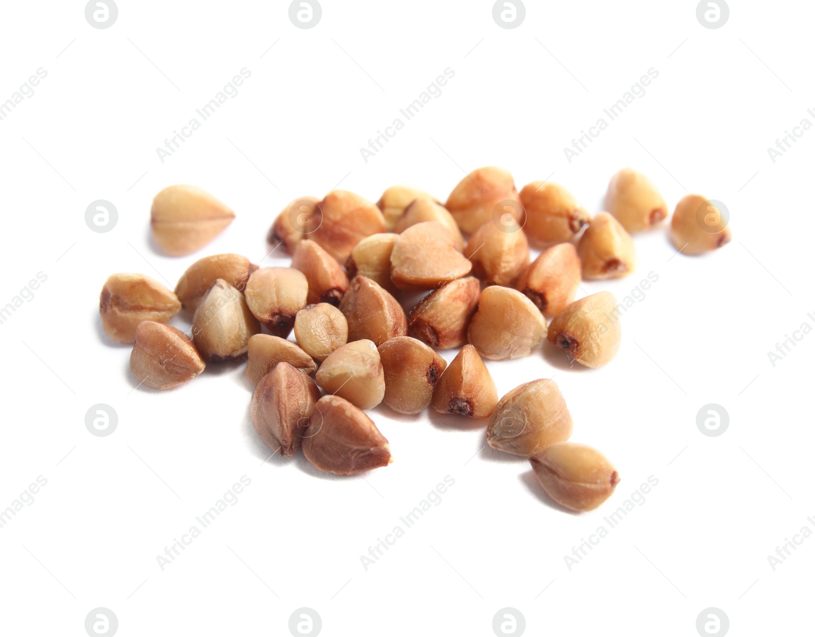 Photo of Uncooked buckwheat on white background. Healthy diet