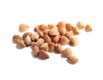 Photo of Uncooked buckwheat on white background. Healthy diet