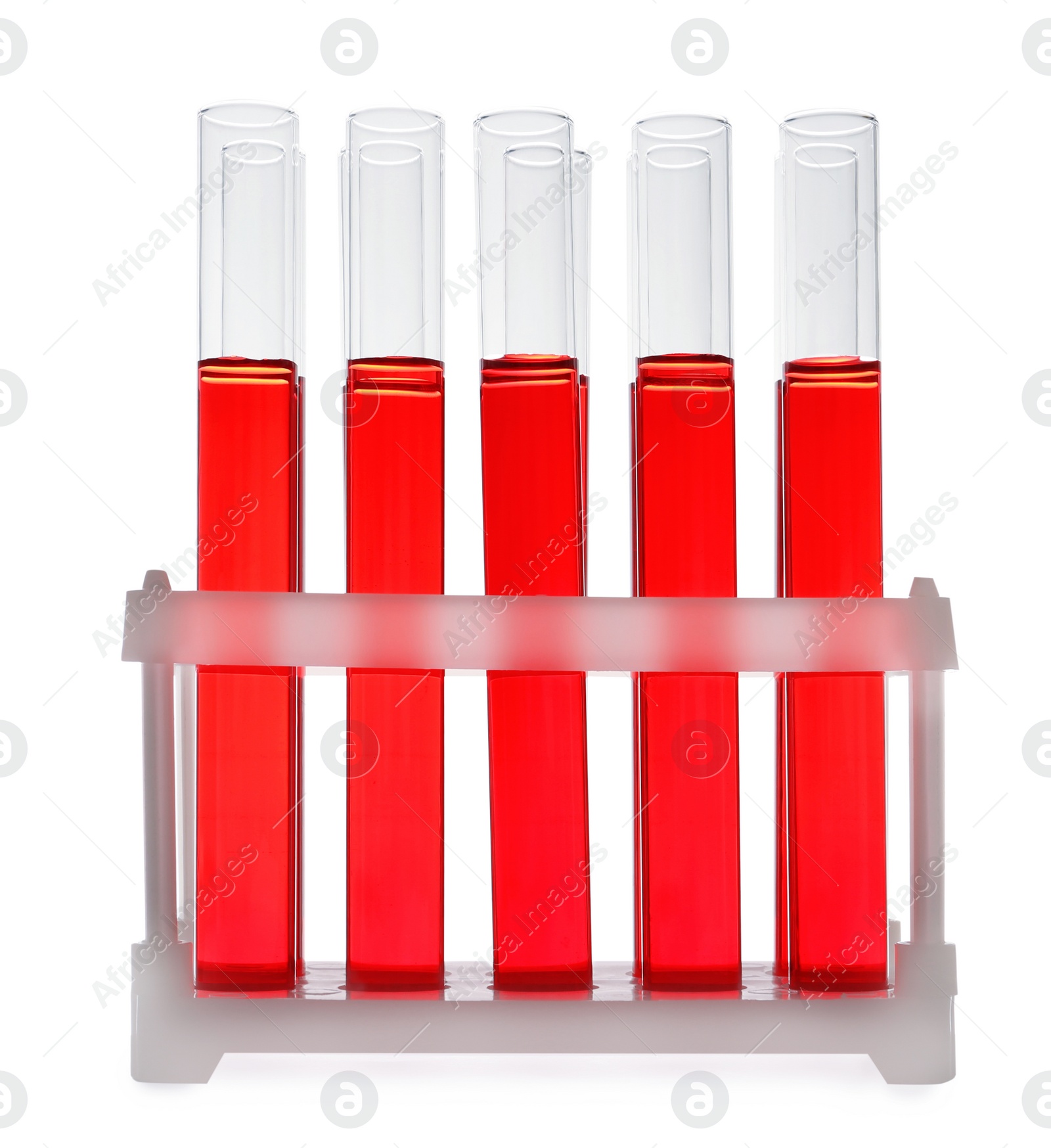 Photo of Test tubes with red liquid on white background. Laboratory glassware