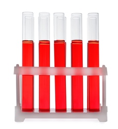 Test tubes with red liquid on white background. Laboratory glassware