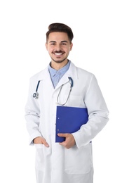 Photo of Young medical student with clipboard on white background