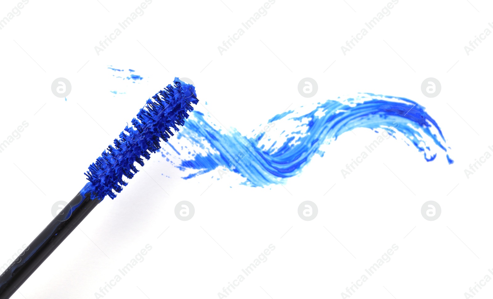 Photo of Applicator and blue mascara smear on white background, top view