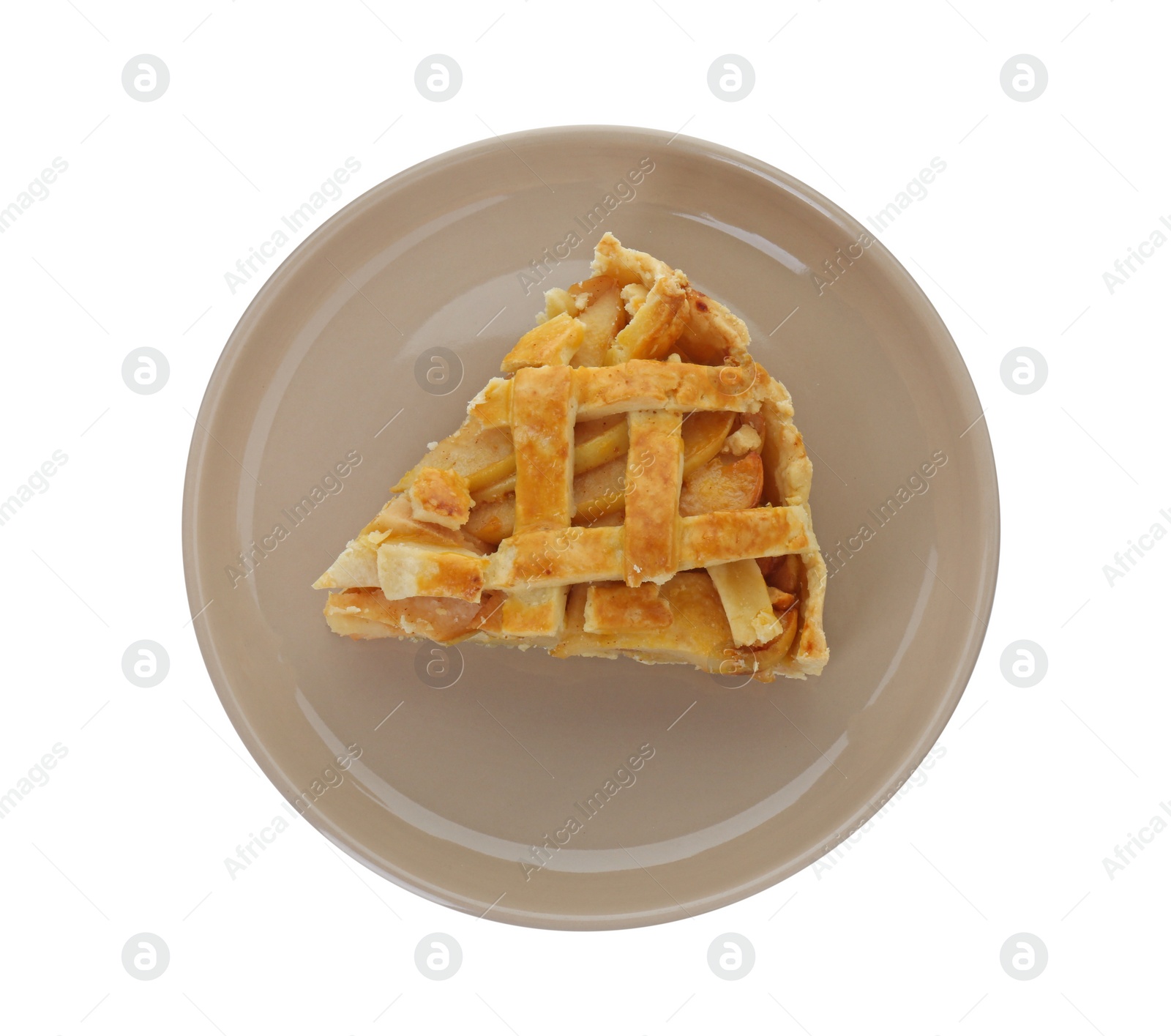 Photo of Plate with piece of tasty homemade quince pie isolated on white, top view