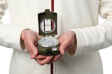 Photo of Woman holding compass on white background, closeup