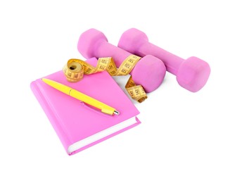 Photo of Dumbbells, notebook and measuring tape isolated on white. Weight loss concept