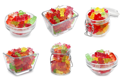 Set of delicious jelly candies on white background