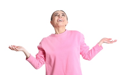 Photo of Young woman under rain of money on white background