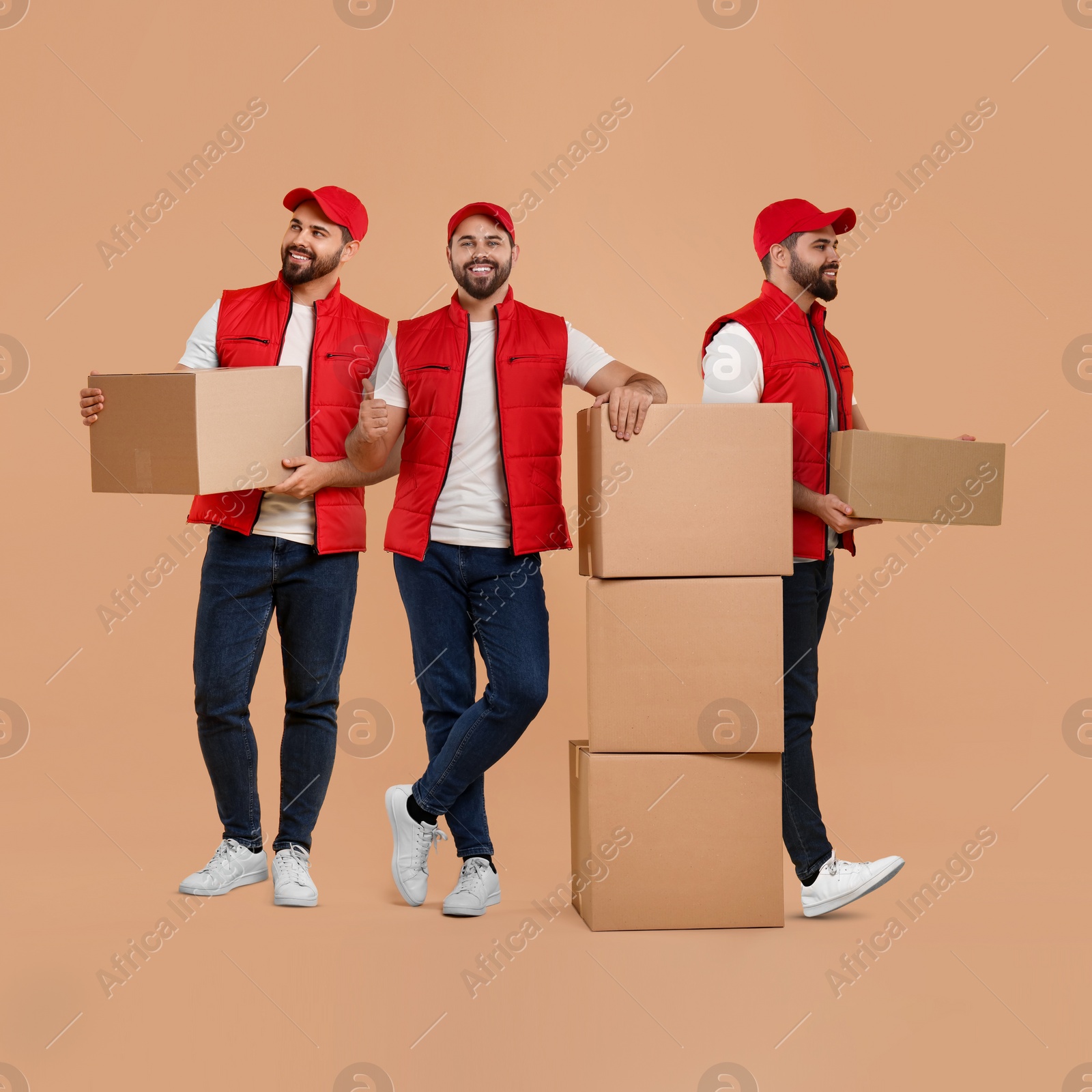 Image of Delivery service. Happy courier with cardboard boxes on peach color background, collage of photos